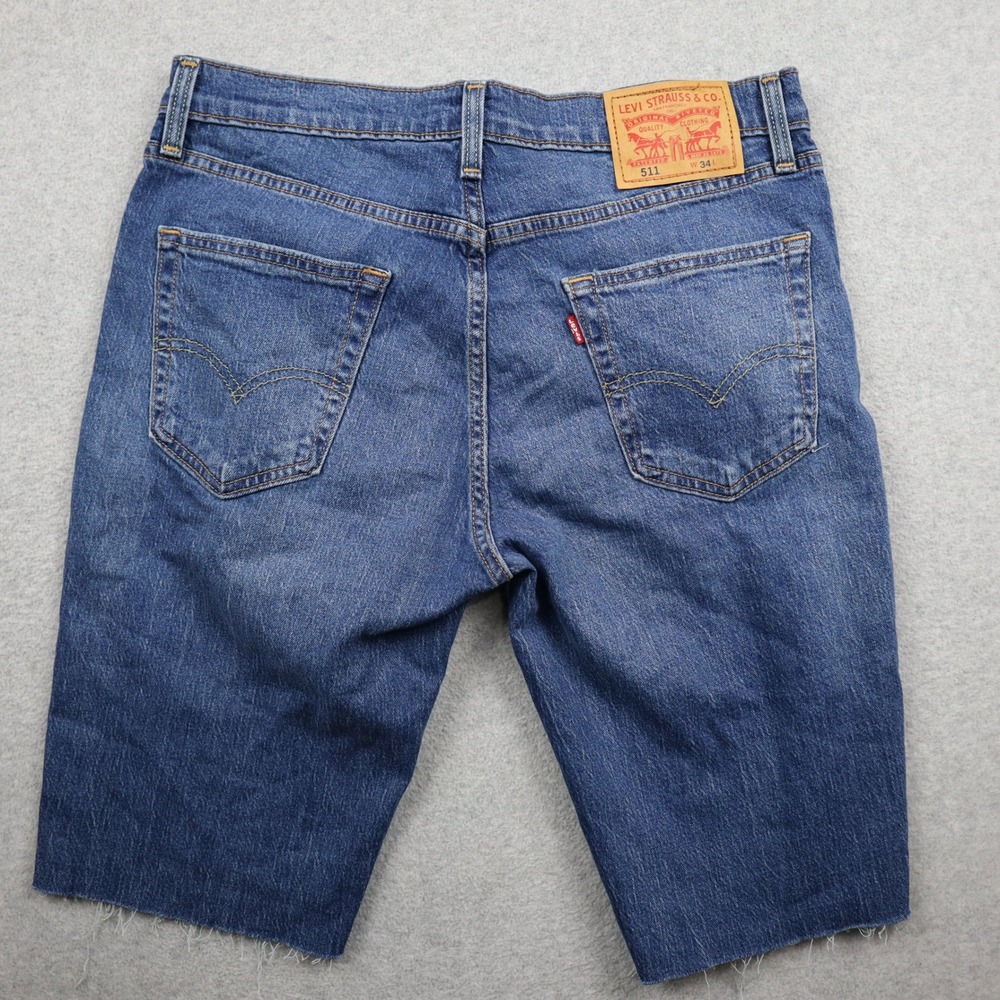 Levi's 511 Denim Shorts Mens 34 Slim Fit Cut Off Raw Hem Blue Jean Shorts - Picture 7 of 12